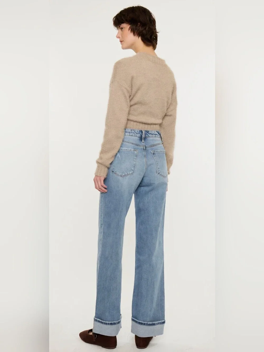 KanCan High Rise Medium Wash Wide Leg Jeans Cuffed Denim Stretch Trendy 1/24 NEW